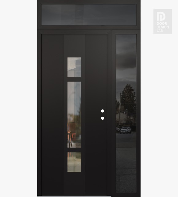 Modern Steel Front Door DIAMOND A9 48" X 96" BLACK/BLACK CLEAR GLASS PANEL BLACK LHI WITH SIDELITE AND TRANSOM MIRRORED GLASS