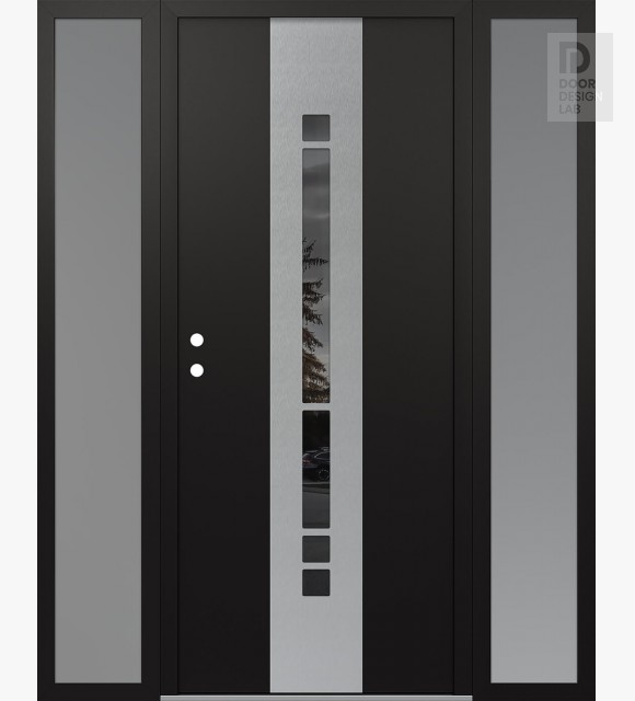Modern Steel Front Door DIAMOND A3 60" X 80" BLACK/BLACK MIRRORED GLASS PANEL STAINLESS STEEL RHI WITH 2 SIDELITES FROSTED GLASS