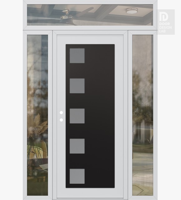Modern Steel Front Door Diamond C5 64" x 96" white/white frosted Glass Panel black RHI with 2 Sidelites and Transom clear Glass