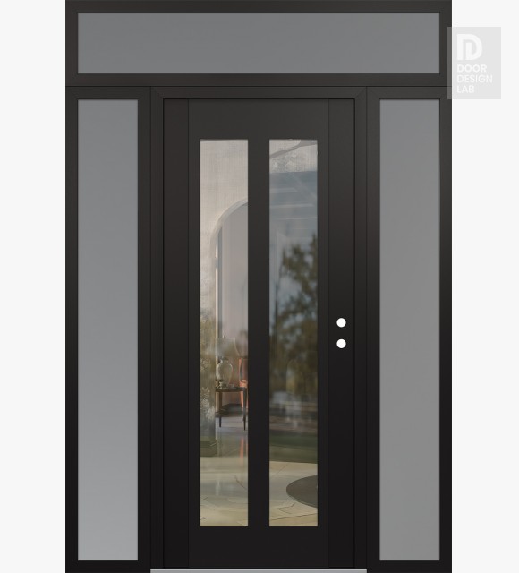 Modern Steel Front Door Diamond C14 68" x 96" black/black clear Glass Panel black LHI with 2 Sidelites and Transom frosted Glass