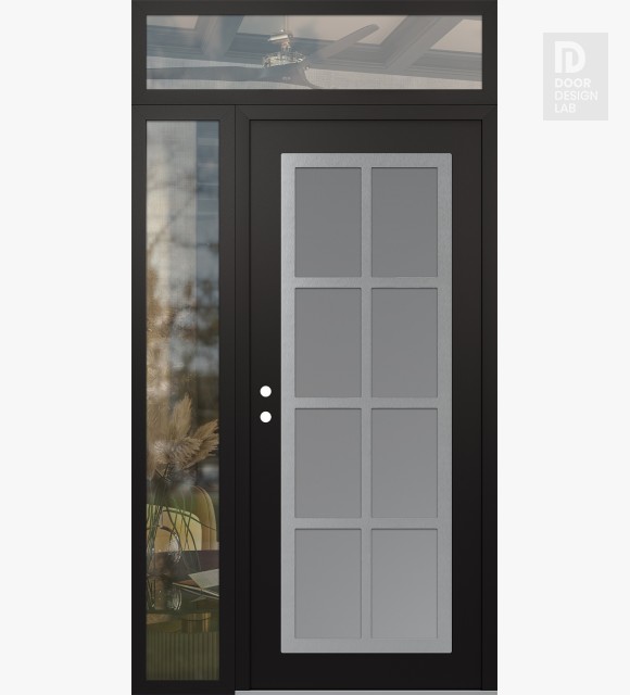 Modern Steel Front Door Diamond C16 48" x 96" black/white frosted Glass Panel stainless steel RHI with Sidelite and Transom clear Glass