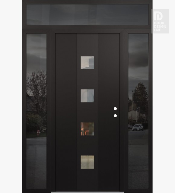 Modern Steel Front Door DIAMOND A12 64" X 96" BLACK/BLACK CLEAR GLASS PANEL BLACK LHI WITH 2 SIDELITES AND TRANSOM MIRRORED GLASS