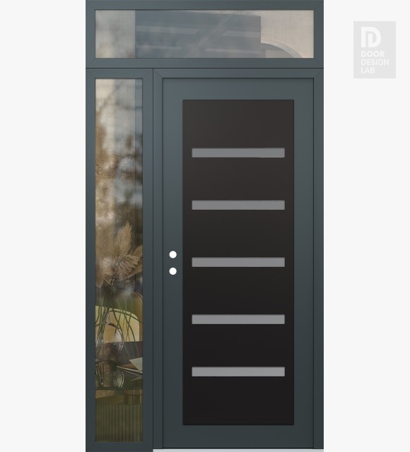 Modern Steel Front Door Diamond C7 48" x 96" anthracite/anthracite frosted Glass Panel black RHI with Sidelite and Transom clear Glass