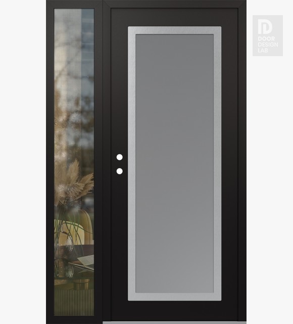 Modern Steel Front Door Diamond C1 50" x 80" black/white frosted Glass Panel stainless steel RHI with Sidelite clear Glass