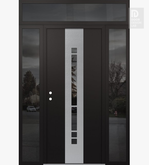 Modern Steel Front Door DIAMOND A3 60" X 96" BLACK/BLACK MIRRORED GLASS PANEL STAINLESS STEEL RHI WITH 2 SIDELITES AND TRANSOM MIRRORED GLASS