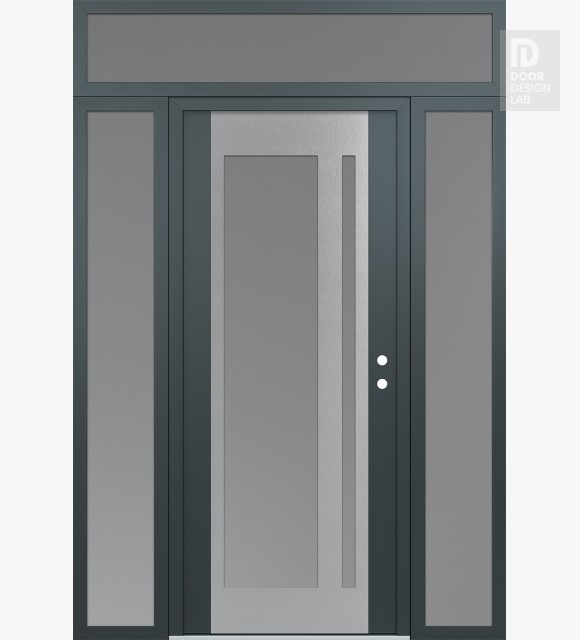Modern Steel Front Door Diamond C15 60" x 96" anthracite/anthracite frosted Glass Panel stainless steel LHI with 2 Sidelites and Transom frosted Glass