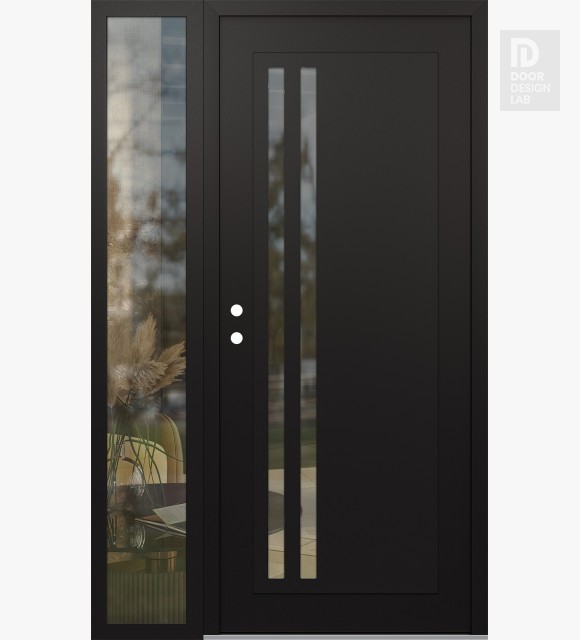 Modern Steel Front Door Diamond C6 50" x 80" black/black clear Glass Panel black RHI with Sidelite clear Glass
