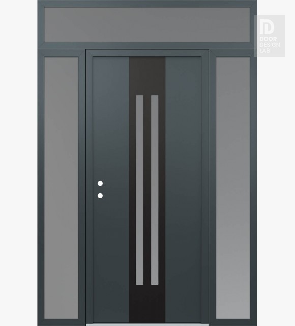 Modern Steel Front Door DIAMOND A8 64" X 96" ANTHRACITE/ANTHRACITE FROSTED GLASS PANEL BLACK RHI WITH 2 SIDELITES AND TRANSOM FROSTED GLASS