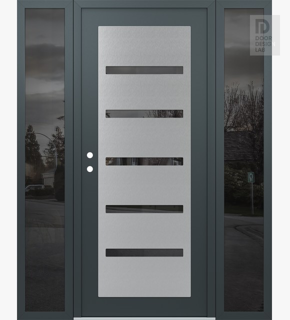 Modern Steel Front Door Diamond C7 60" x 80" anthracite/anthracite mirrored Glass Panel stainless steel RHI with 2 Sidelites mirrored Glass