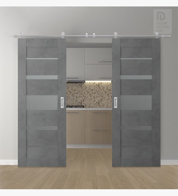 DOUBLE BARN DOOR AVON 07-03 VETRO DARK URBAN 64" X 96" X 1 3/4" STAINLESS STEEL HARDWARE