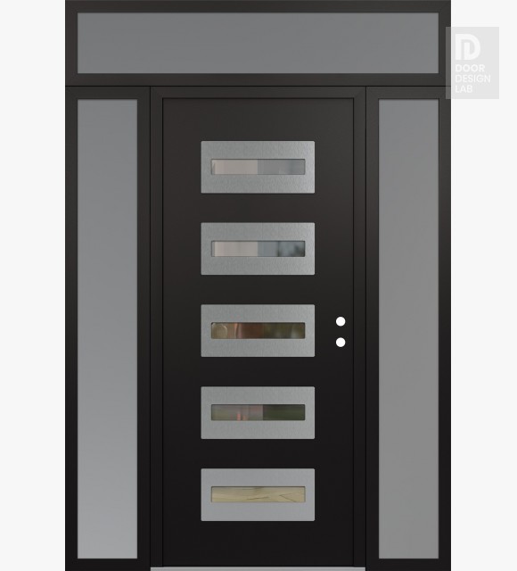Modern Steel Front Door Diamond D4 64" x 96" black/black clear Glass Panel stainless steel LHI with 2 Sidelites and Transom frosted Glass