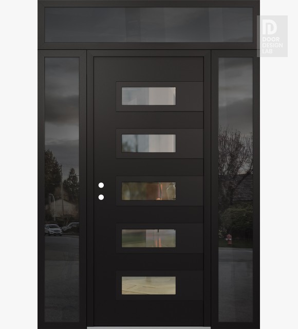 Modern Steel Front Door Diamond D3 64" x 96" black/black clear Glass Panel black RHI with 2 Sidelites and Transom mirrored Glass