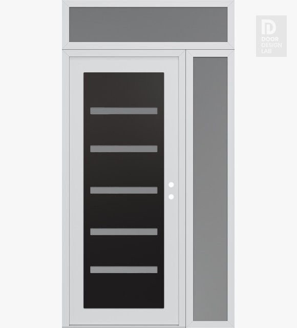 Modern Steel Front Door Diamond C7 48" x 96" white/white frosted Glass Panel black LHI with Sidelite and Transom frosted Glass