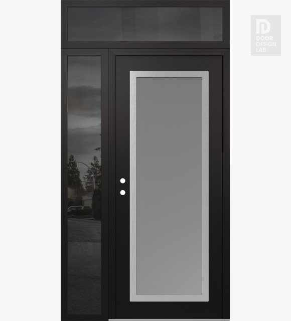 Modern Steel Front Door Diamond C1 48" x 96" black/white frosted Glass Panel stainless steel RHI with Sidelite and Transom mirrored Glass