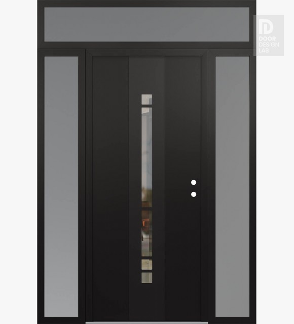 Modern Steel Front Door DIAMOND A3 60" X 96" BLACK/BLACK CLEAR GLASS PANEL BLACK LHI WITH 2 SIDELITES AND TRANSOM FROSTED GLASS