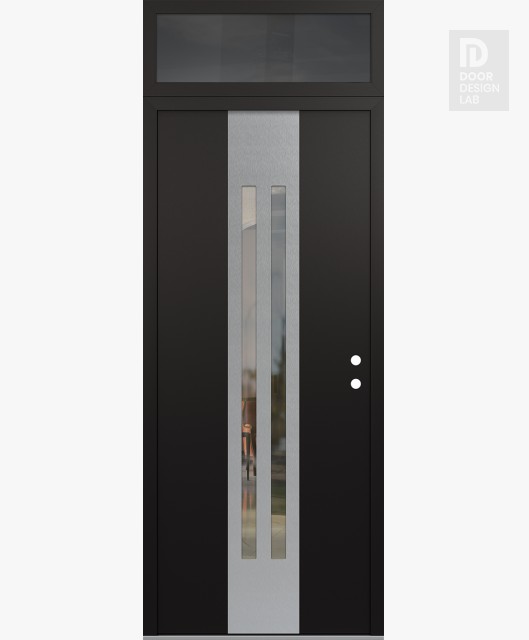 Modern Steel Front Door DIAMOND A8 36" X 96" BLACK/BLACK CLEAR GLASS PANEL STAINLESS STEEL LHI WITH TRANSOM MIRRORED GLASS