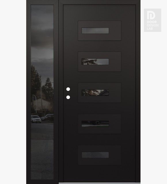 Modern Steel Front Door Diamond D6 50" x 80" black/black mirrored Glass Panel black RHI with Sidelite mirrored Glass