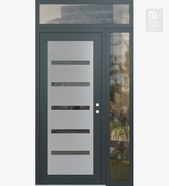 Modern Steel Front Door Diamond C7 50" x 96" anthracite/anthracite mirrored Glass Panel stainless steel LHI with Sidelite and Transom clear Glass