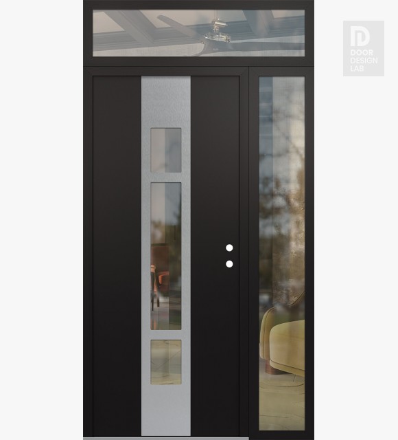 Modern Steel Front Door DIAMOND A9 48" X 96" BLACK/BLACK CLEAR GLASS PANEL STAINLESS STEEL LHI WITH SIDELITE AND TRANSOM CLEAR GLASS