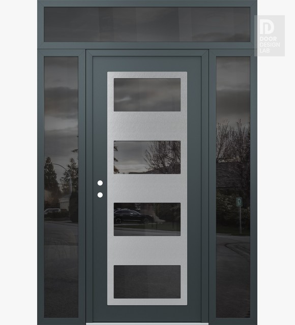 Modern Steel Front Door Diamond C2 60" x 96" anthracite/anthracite mirrored Glass Panel stainless steel RHI with 2 Sidelites and Transom mirrored Glass