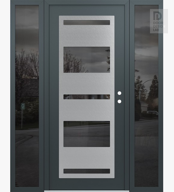 Modern Steel Front Door Diamond C10 68" x 80" anthracite/anthracite mirrored Glass Panel stainless steel LHI with 2 Sidelites mirrored Glass