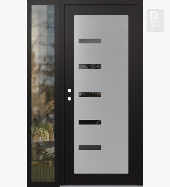 Modern Steel Front Door Diamond C8 50" x 80" black/black mirrored Glass Panel stainless steel RHI with Sidelite clear Glass