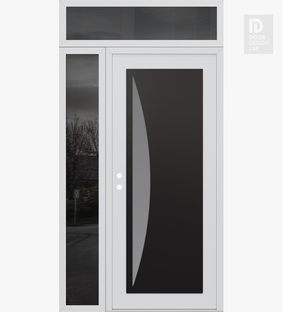 Modern Steel Front Door Diamond C13 52" x 96" white/white frosted Glass Panel black RHI with Sidelite and Transom mirrored Glass