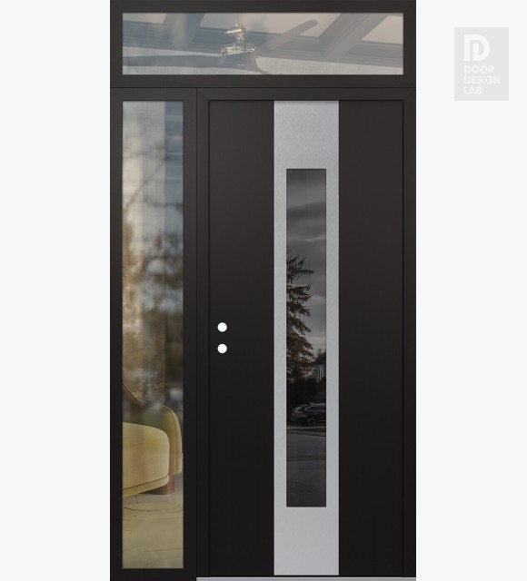 Modern Steel Front Door DIAMOND A1 48" X 96" BLACK/BLACK MIRRORED GLASS PANEL STAINLESS STEEL RHI WITH SIDELITE AND TRANSOM CLEAR GLASS