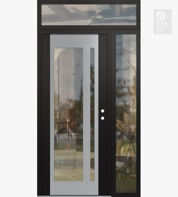 Modern Steel Front Door Diamond C15 52" x 96" black/black clear Glass Panel stainless steel LHI with Sidelite and Transom clear Glass