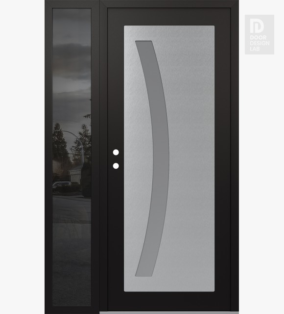 Modern Steel Front Door Diamond C4 50" x 80" black/white frosted Glass Panel stainless steel RHI with Sidelite mirrored Glass