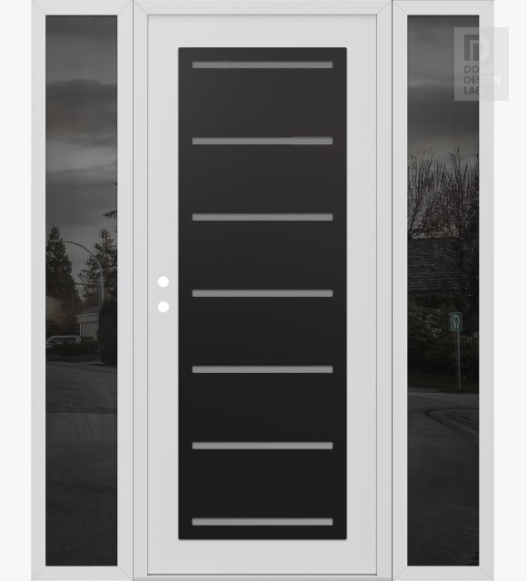 Modern Steel Front Door Diamond C11 68" x 80" white/white frosted Glass Panel black RHI with 2 Sidelites mirrored Glass