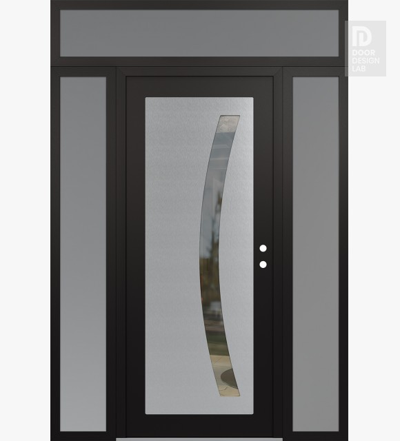 Modern Steel Front Door Diamond C4 64" x 96" black/black clear Glass Panel stainless steel LHI with 2 Sidelites and Transom frosted Glass