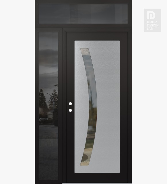 Modern Steel Front Door Diamond C4 50" x 96" black/black clear Glass Panel stainless steel RHI with Sidelite and Transom mirrored Glass