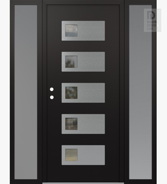 Modern Steel Front Door Diamond D2 60" x 80" black/black clear Glass Panel stainless steel RHI with 2 Sidelites frosted Glass