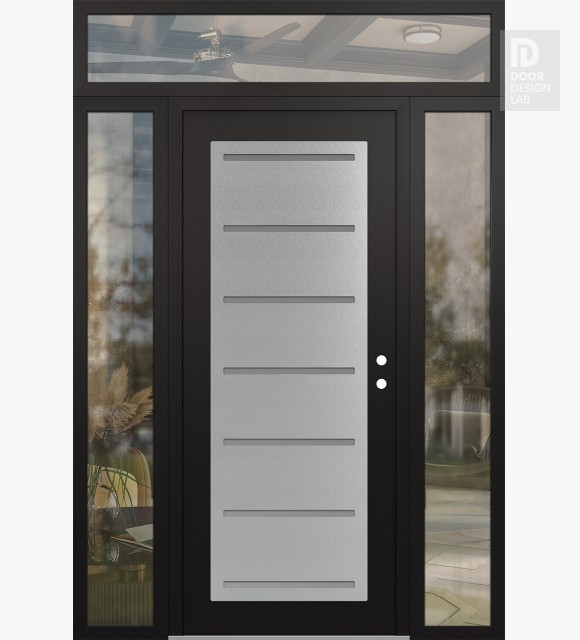 Modern Steel Front Door Diamond C11 64" x 96" black/white frosted Glass Panel stainless steel LHI with 2 Sidelites and Transom clear Glass