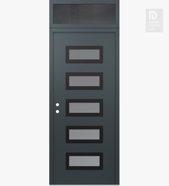 Modern Steel Front Door Diamond D1 36" x 96" anthracite/anthracite frosted Glass Panel black RHI with Transom mirrored Glass