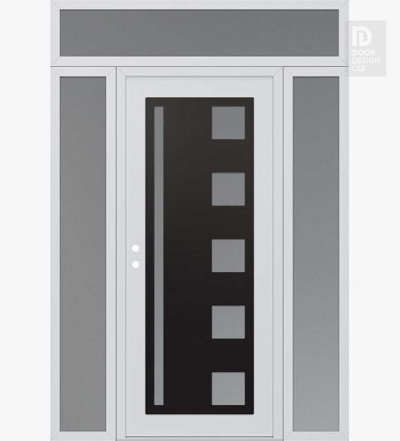 Modern Steel Front Door Diamond C3 60" x 96" white/white frosted Glass Panel black RHI with 2 Sidelites and Transom frosted Glass
