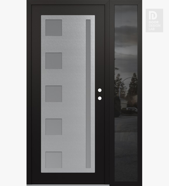 Modern Steel Front Door Diamond C3 52" x 80" black/white frosted Glass Panel stainless steel LHI with Sidelite mirrored Glass