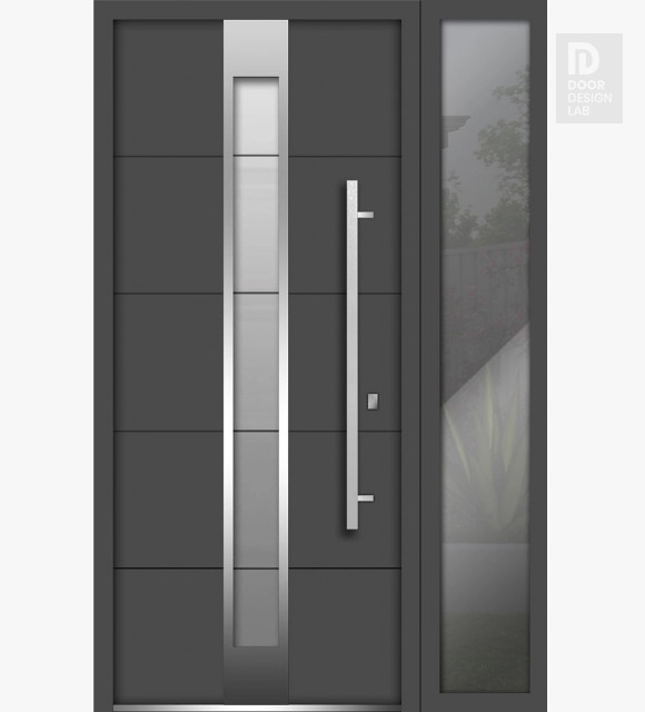 Front Exterior Prehung Steel Door / Deux 1717 Gray Graphite / Side Exterior Window / Stainless Inserts Single Modern Painted-W36+12" x H80"-Left-hand Inswing