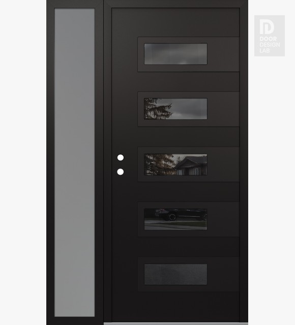 Modern Steel Front Door Diamond D3 48" x 80" black/black mirrored Glass Panel black RHI with Sidelite frosted Glass