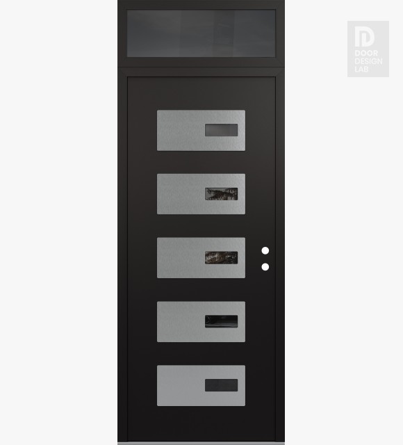 Modern Steel Front Door Diamond D7 36" x 96" black/black mirrored Glass Panel stainless steel LHI with Transom mirrored Glass