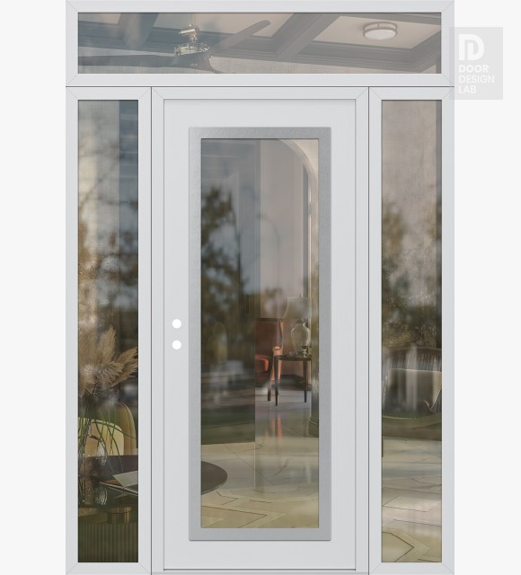 Modern Steel Front Door Diamond C1 60" x 96" white/white clear Glass Panel stainless steel RHI with 2 Sidelites and Transom clear Glass