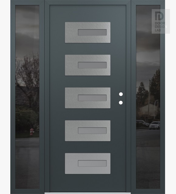 Modern Steel Front Door Diamond D6 64" x 80" anthracite/anthracite frosted Glass Panel stainless steel LHI with 2 Sidelites mirrored Glass