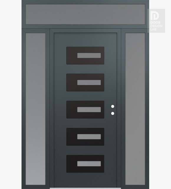 Modern Steel Front Door Diamond D6 68" x 96" anthracite/anthracite frosted Glass Panel black LHI with 2 Sidelites and Transom frosted Glass