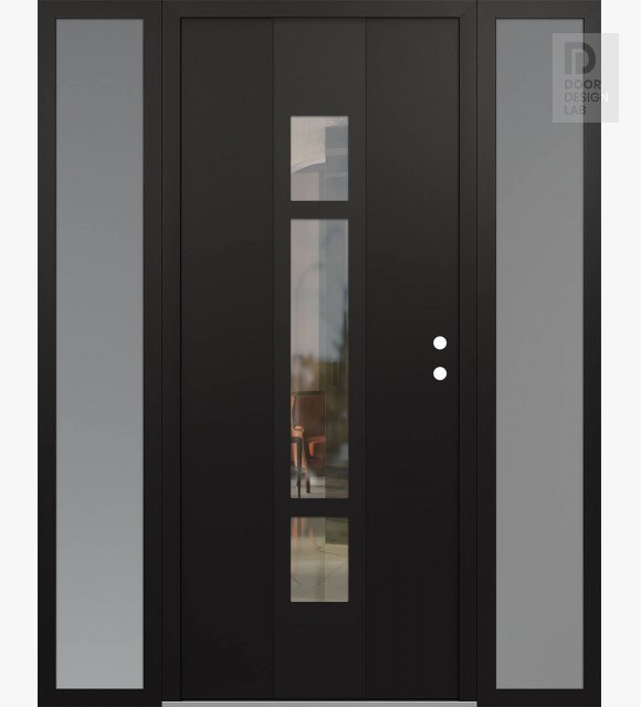 Modern Steel Front Door DIAMOND A9 60" X 80" BLACK/BLACK CLEAR GLASS PANEL BLACK LHI WITH 2 SIDELITES FROSTED GLASS