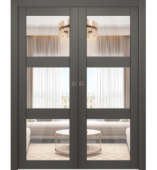 Avon 3 Lite Clear Vetro Gray Matte Double pocket doors