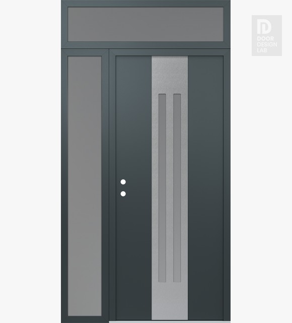 Modern Steel Front Door DIAMOND A8 48" X 96" ANTHRACITE/ANTHRACITE FROSTED GLASS PANEL STAINLESS STEEL RHI WITH SIDELITE AND TRANSOM FROSTED GLASS