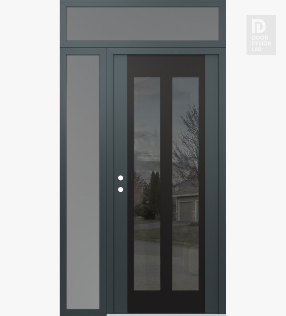 Modern Steel Front Door Diamond C14 48" x 96" anthracite/anthracite mirrored Glass Panel black RHI with Sidelite and Transom frosted Glass