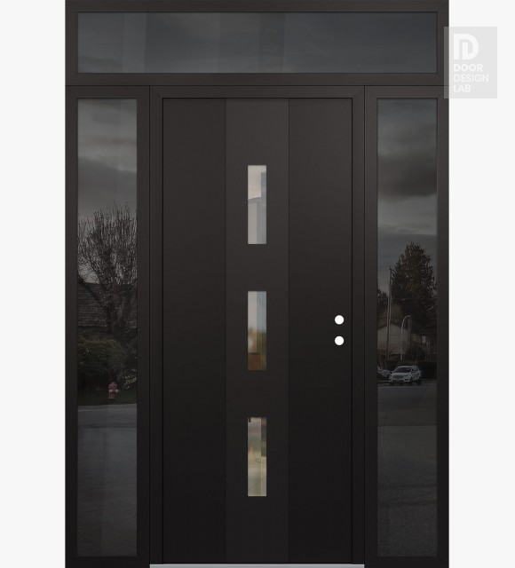 Modern Steel Front Door DIAMOND A7 64" X 96" BLACK/BLACK CLEAR GLASS PANEL BLACK LHI WITH 2 SIDELITES AND TRANSOM MIRRORED GLASS