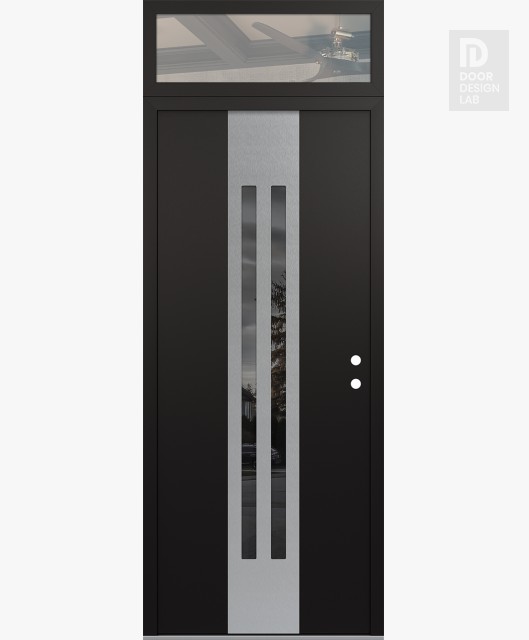 Modern Steel Front Door DIAMOND A8 36" X 96" BLACK/BLACK MIRRORED GLASS PANEL STAINLESS STEEL LHI WITH TRANSOM CLEAR GLASS